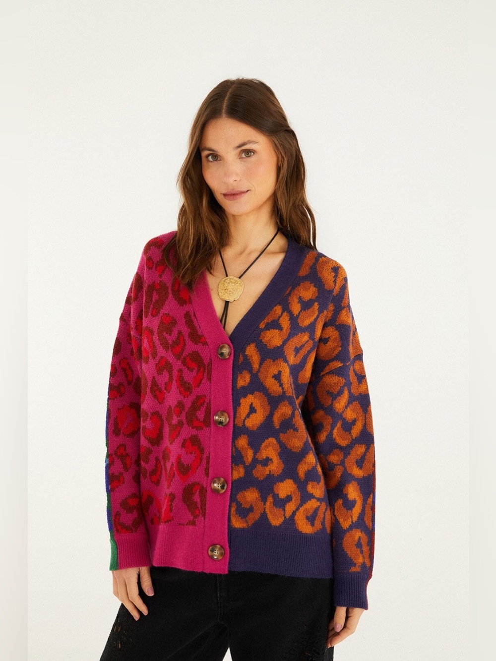 Farm Rio Half Half Leopard Print Oversized Sweater
